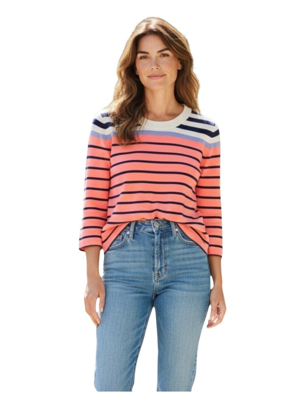 Eddie Bauer Womens Pink Striped Colorblock Lightweight Knit Sweater Large